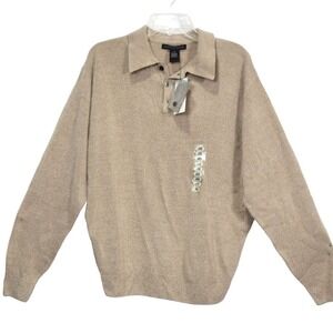 GEOFFREY BEENE- Beige knitted 1/4 button up sweater Men's size Large